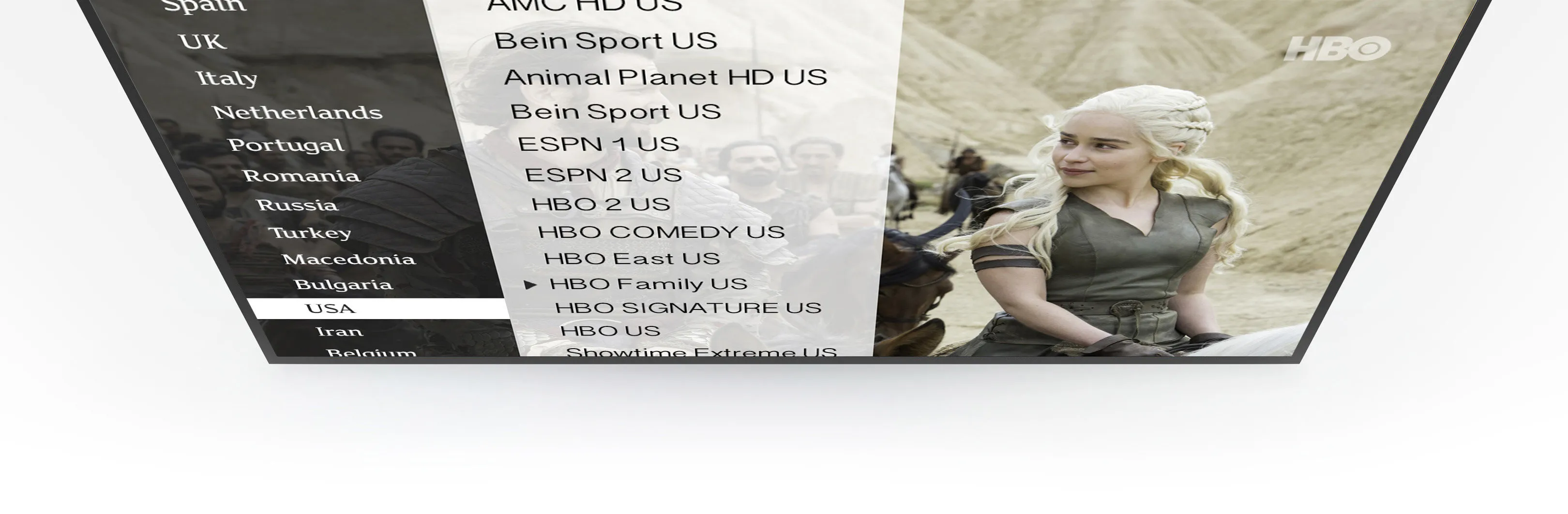 Interfaz de la lista de canales de OverBox IPTV mostrando canales de TV en directo agrupados por país con HBO en reproducción