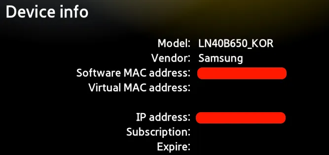 Экран Device Info в Smart STB с моделью, адресами Software MAC и Virtual MAC и IP-адресом на телевизоре Samsung