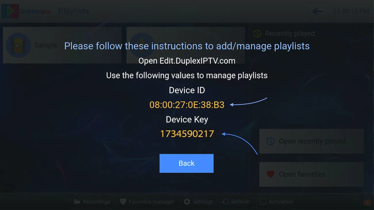 App Duplex IPTV mostrando o Device ID e o Device Key para ativação no portal