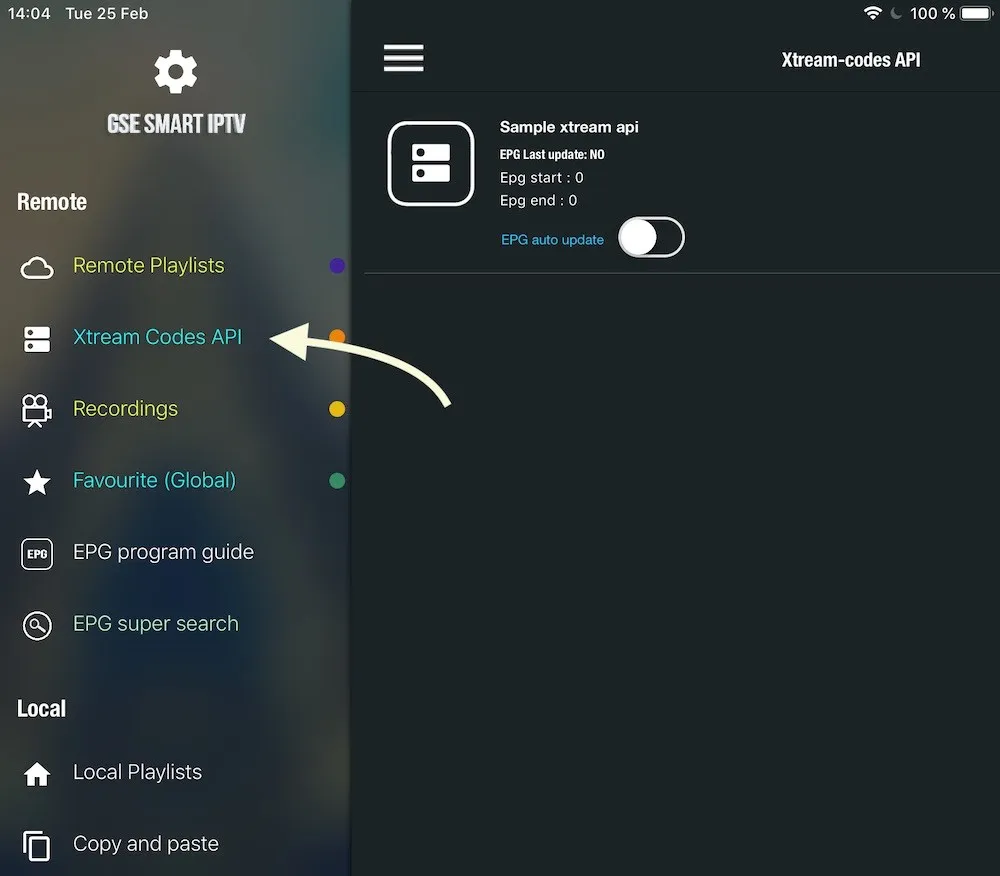 Menu lateral do GSE Smart IPTV com a opção Xtream Codes API destacada