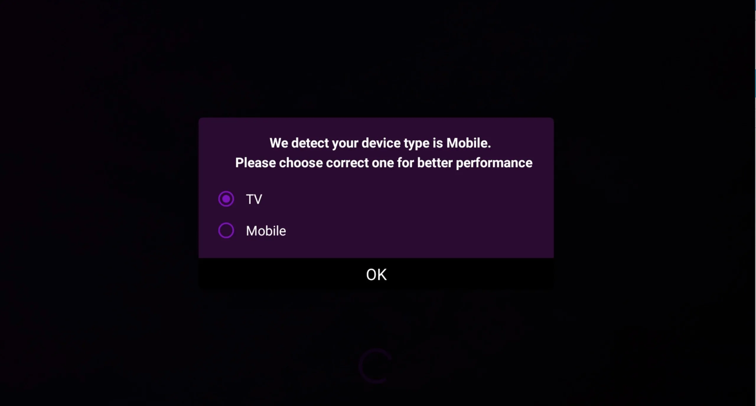 Pedido de tipo de dispositivo do IPTV Smart Purple Player com as opções de modo de exibição TV e Mobile