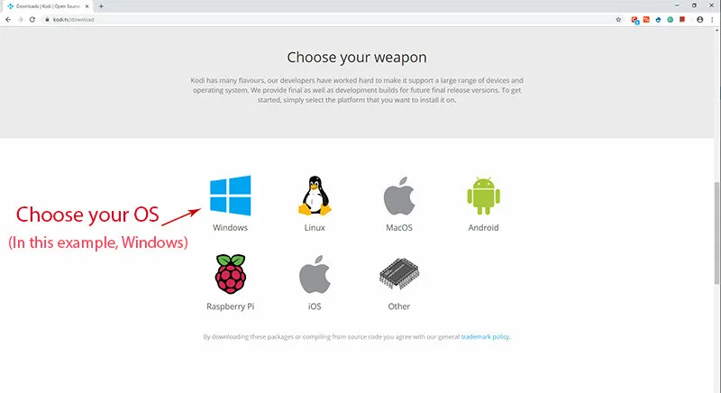 Página de download do Kodi escolha o seu sistema operativo Windows Linux macOS Android
