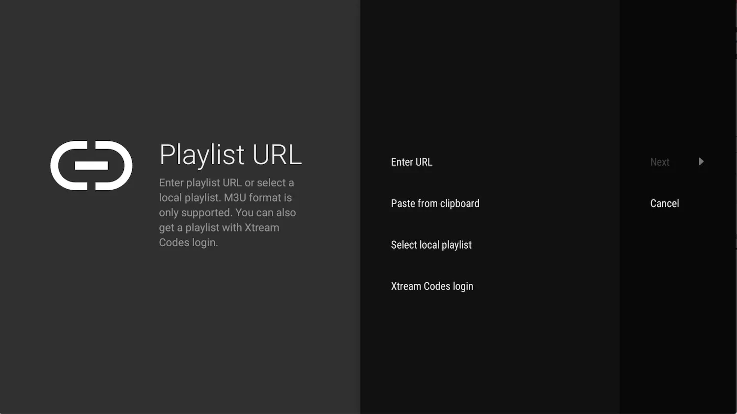Ecrã Adicionar playlist do TiviMate a mostrar as opções de URL da playlist, incluindo o início de sessão com Xtream Codes