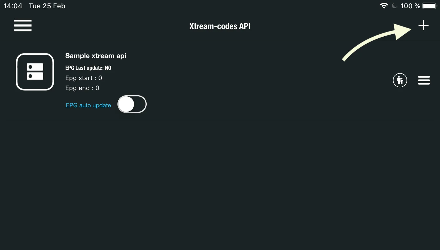Ecrã Xtream-codes API com o ícone de mais para adicionar uma nova lista
