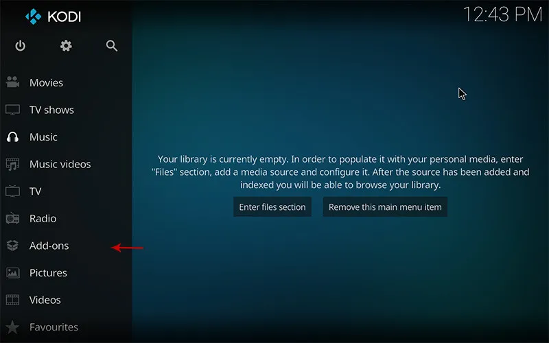 Ecrã inicial do Kodi com o item de menu Add-ons destacado
