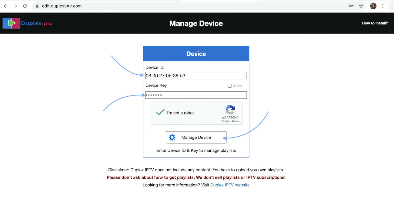 Login do portal web Manage Device do Duplex IPTV com os campos Device ID e Device Key