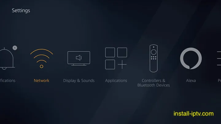 Menu de Definições do Fire TV a mostrar a opção Network