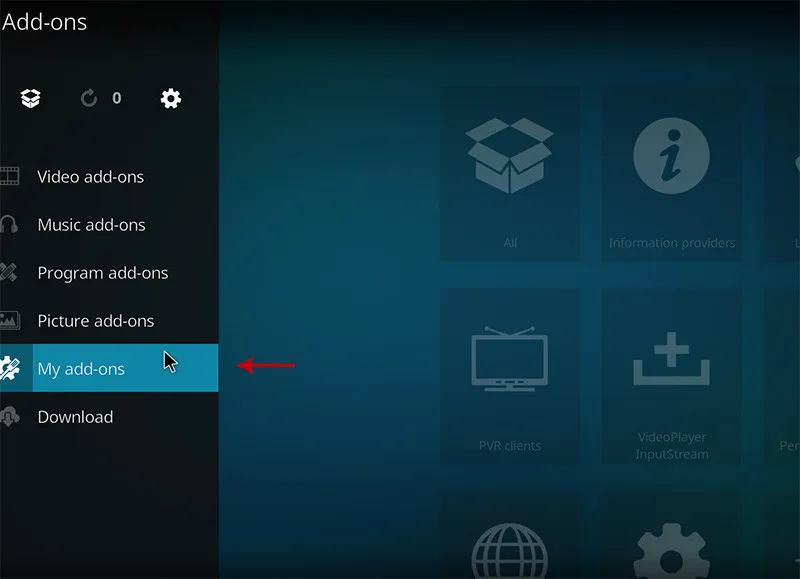 Ecrã Add-ons do Kodi a selecionar My add-ons no menu lateral