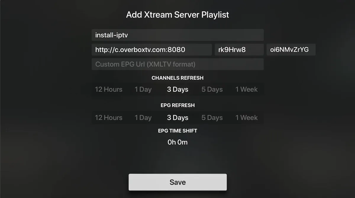 Formulario Add Xtream Server Playlist de iPlayTV con la URL del servidor, el nombre de usuario, la contraseña y los ajustes de actualización de canales y EPG
