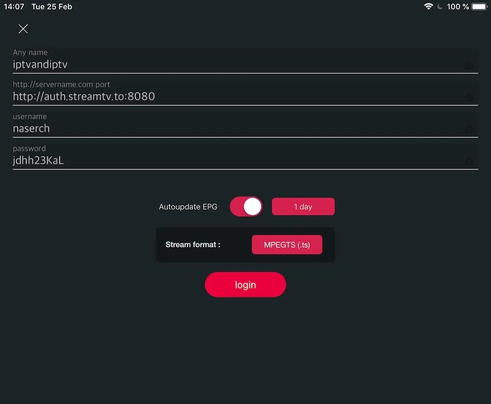 Formulário Xtream Codes do GSE Smart IPTV com servidor, nome de utilizador, palavra-passe e Autoupdate EPG ativado