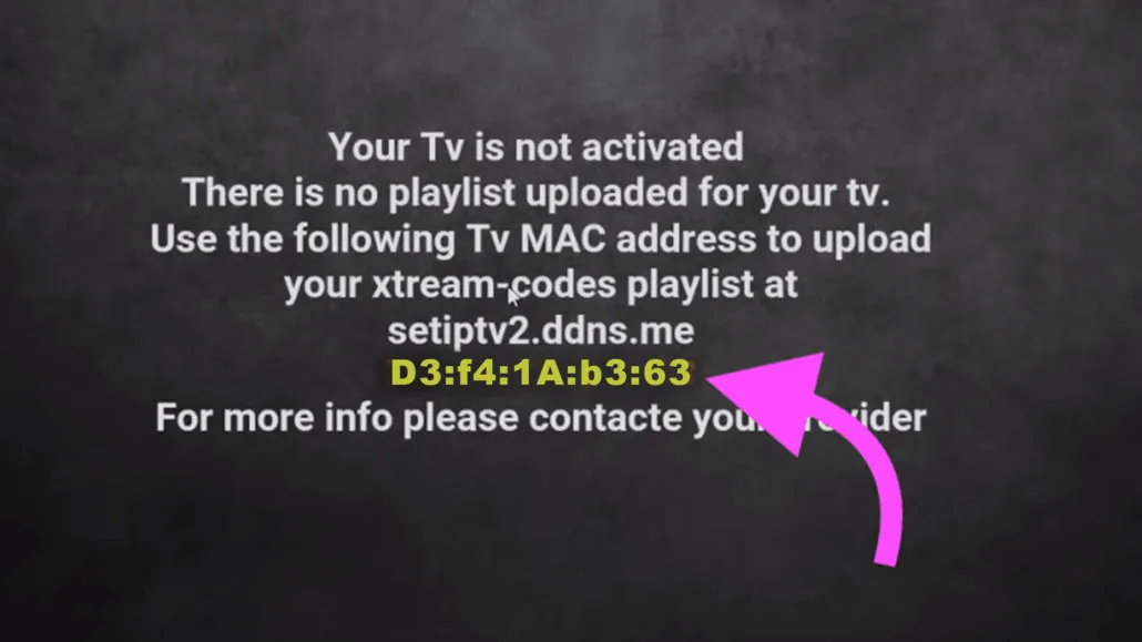 Ecrã de ativação do SET IPTV a mostrar o endereço TV MAC para carregar a sua playlist