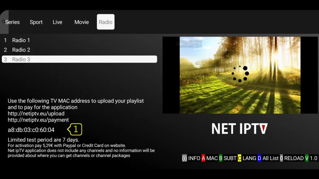 Pantalla de información de la app Net IPTV mostrando la dirección MAC del dispositivo
