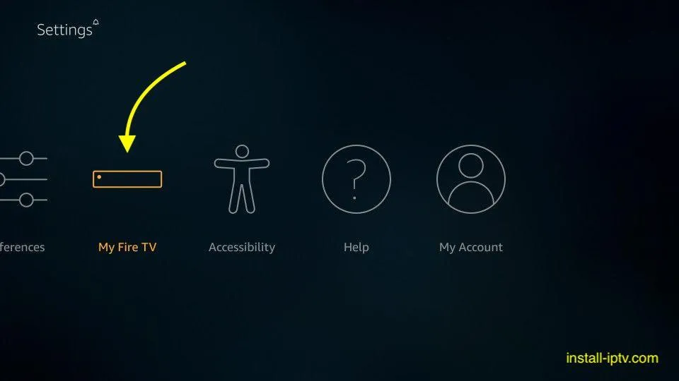 Menu de Definições do Fire TV com a opção My Fire TV selecionada