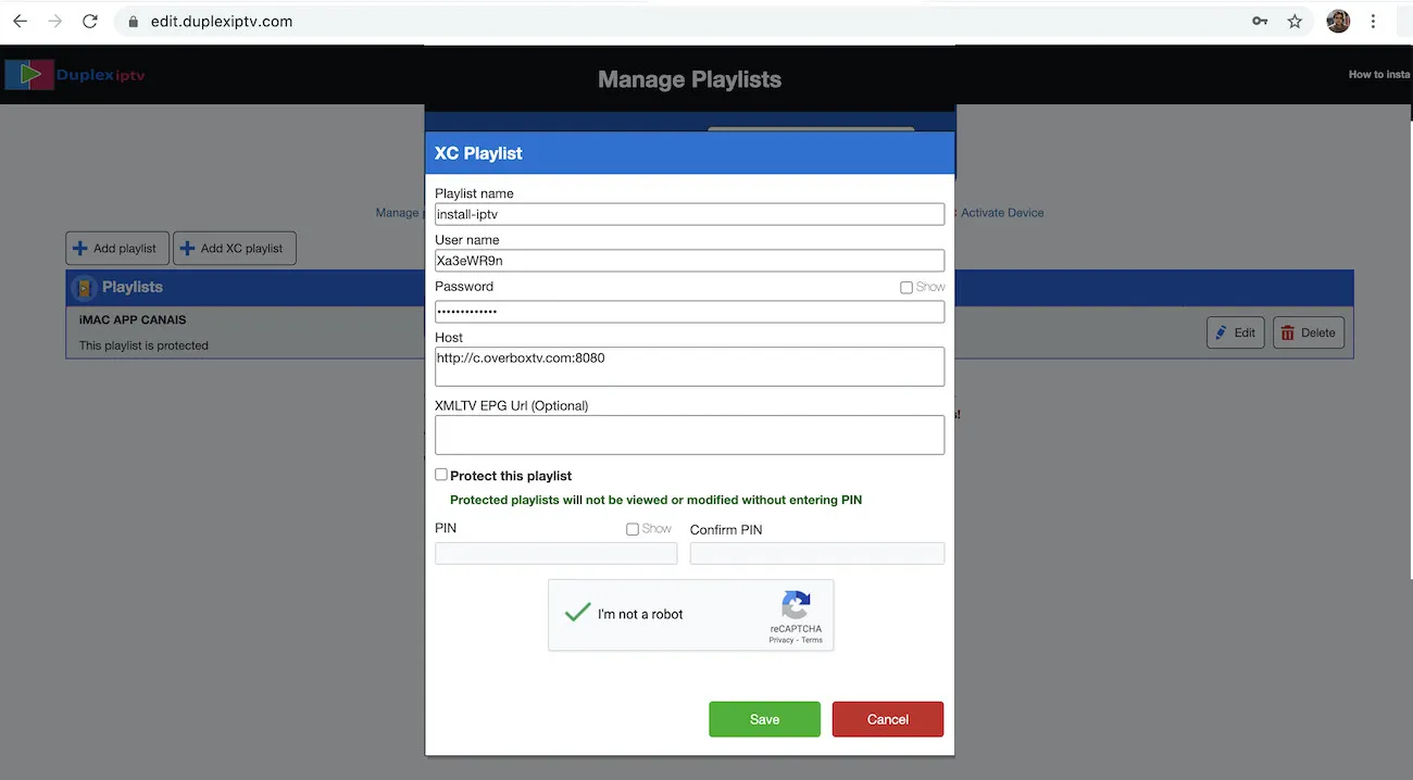 Formulário de playlist XC do portal Duplex IPTV com os campos Xtream username, password e host