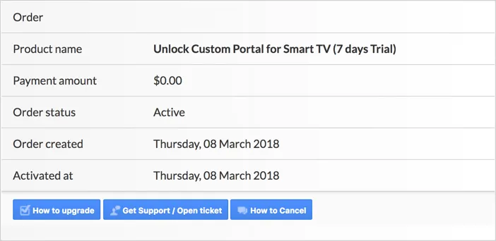 Страница сводки заказа Smart STB с 7-дневным пробным периодом, суммой оплаты 0,00 $ и статусом заказа Active