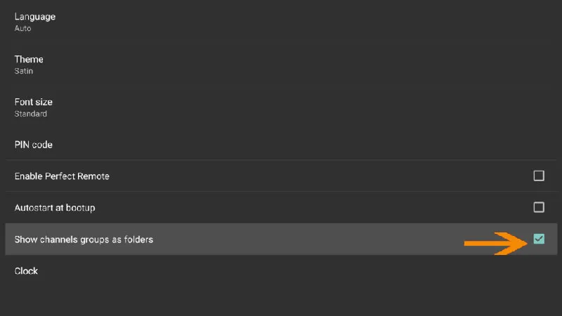 Ajustes de GUI de Perfect Player con Show channels groups as folders activado