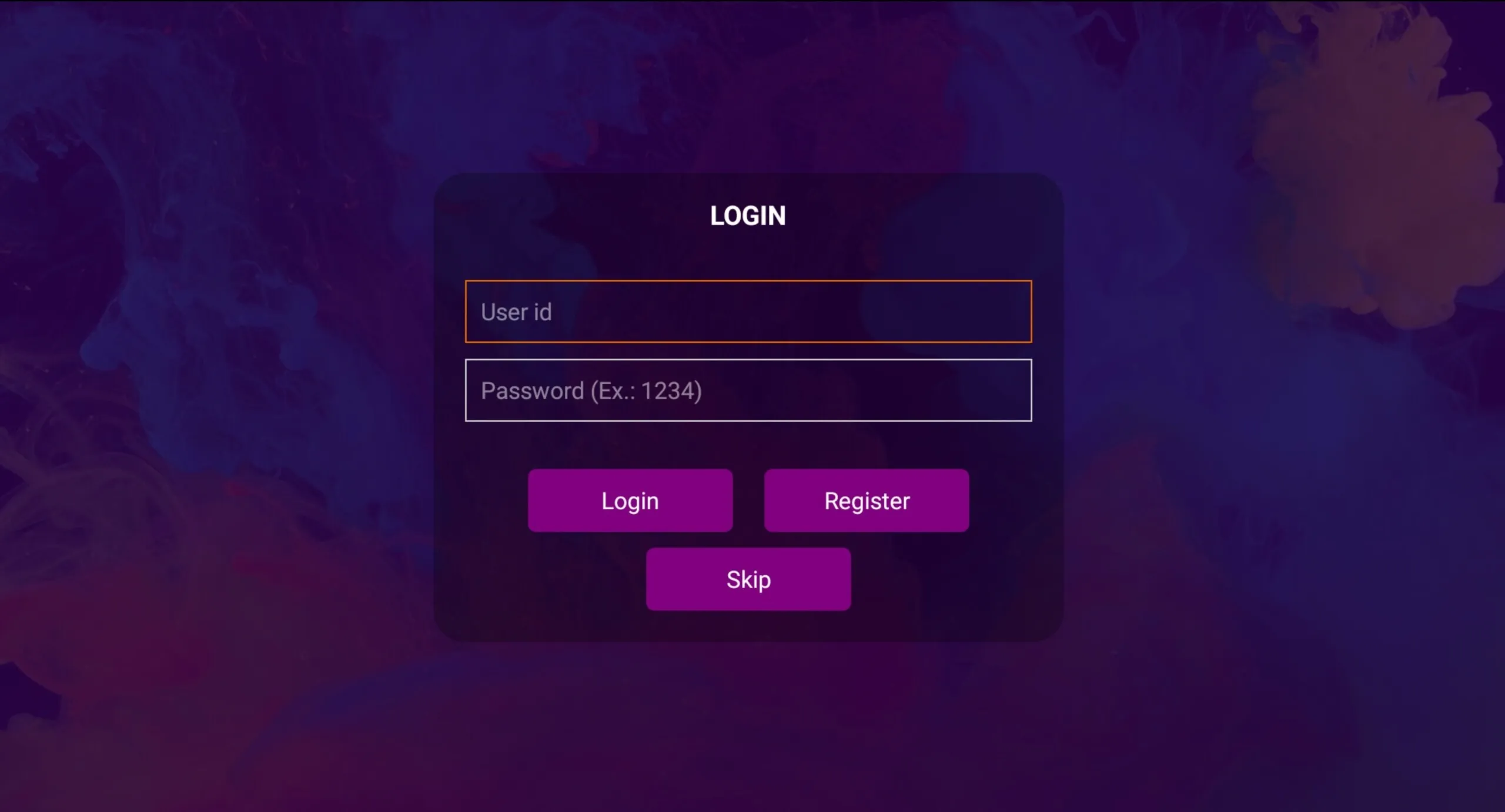 Ecrã de login do IPTV Smart Purple Player com as opções User id, Password, Register e Skip