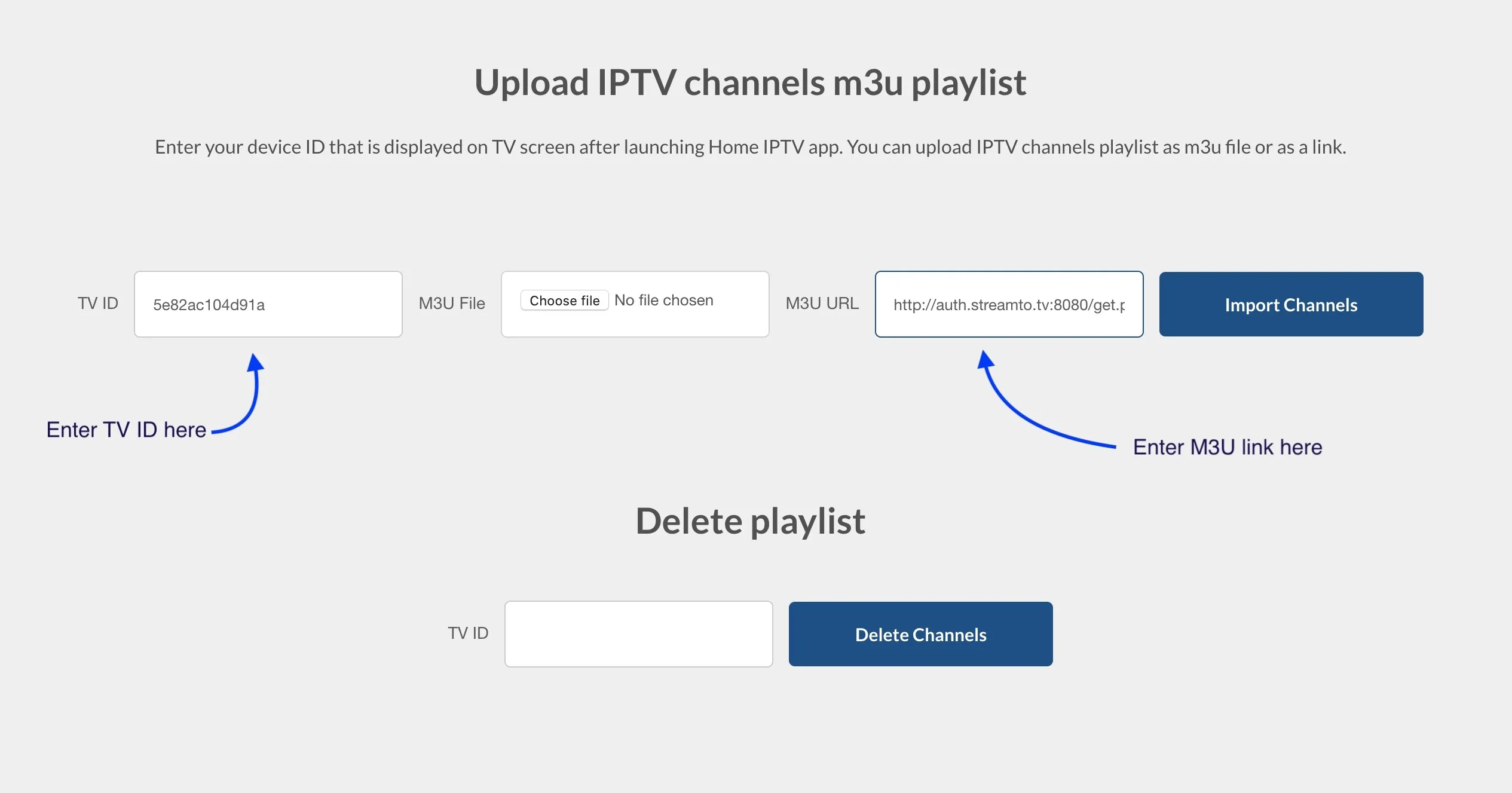 Portal de carregamento do Home IPTV com os campos TV ID e URL M3U preenchidos junto ao botão Import Channels