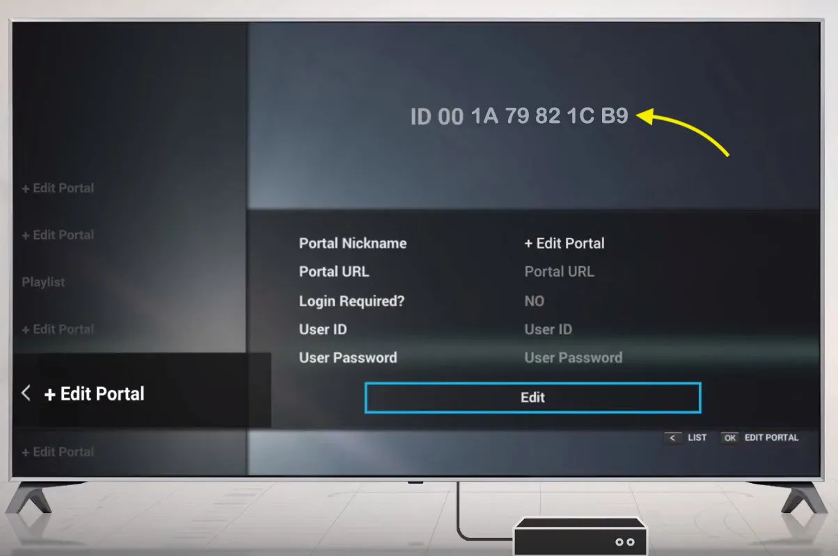 Pantalla de inicio de MyTV Online mostrando la dirección MAC del Formuler Z7+ en el campo ID