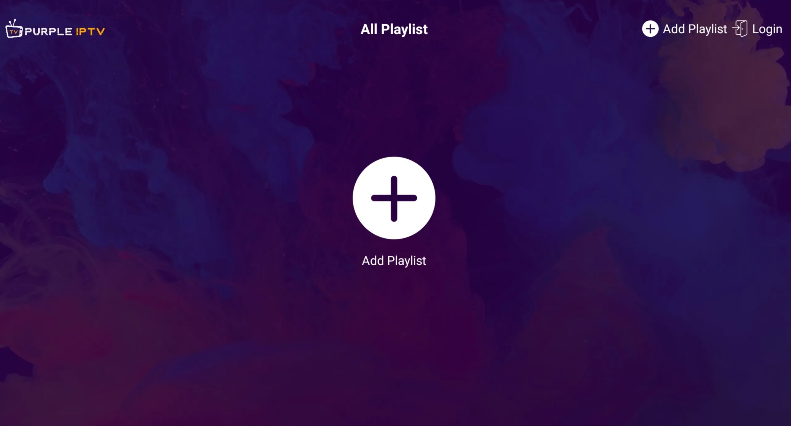 Ecrã All Playlist do IPTV Smart Purple Player com o botão de mais Add Playlist