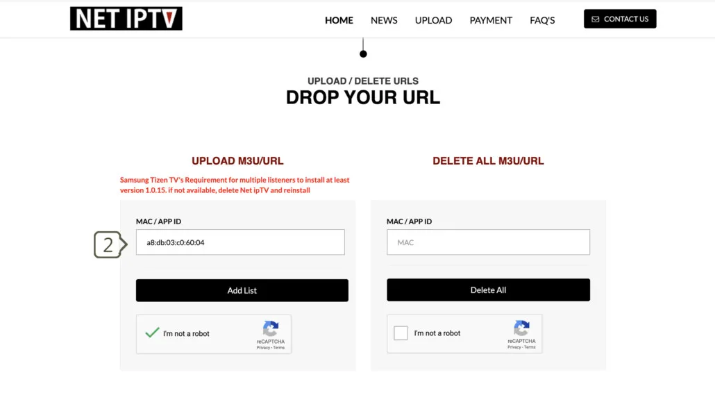 Portal de carga de Net IPTV introduciendo la dirección MAC en el campo MAC APP ID
