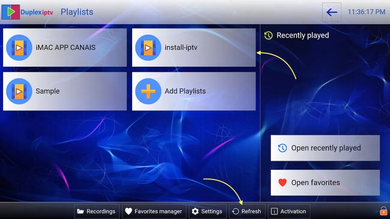 Ecrã de Playlists do Duplex IPTV com a nova playlist adicionada e o botão Refresh destacado