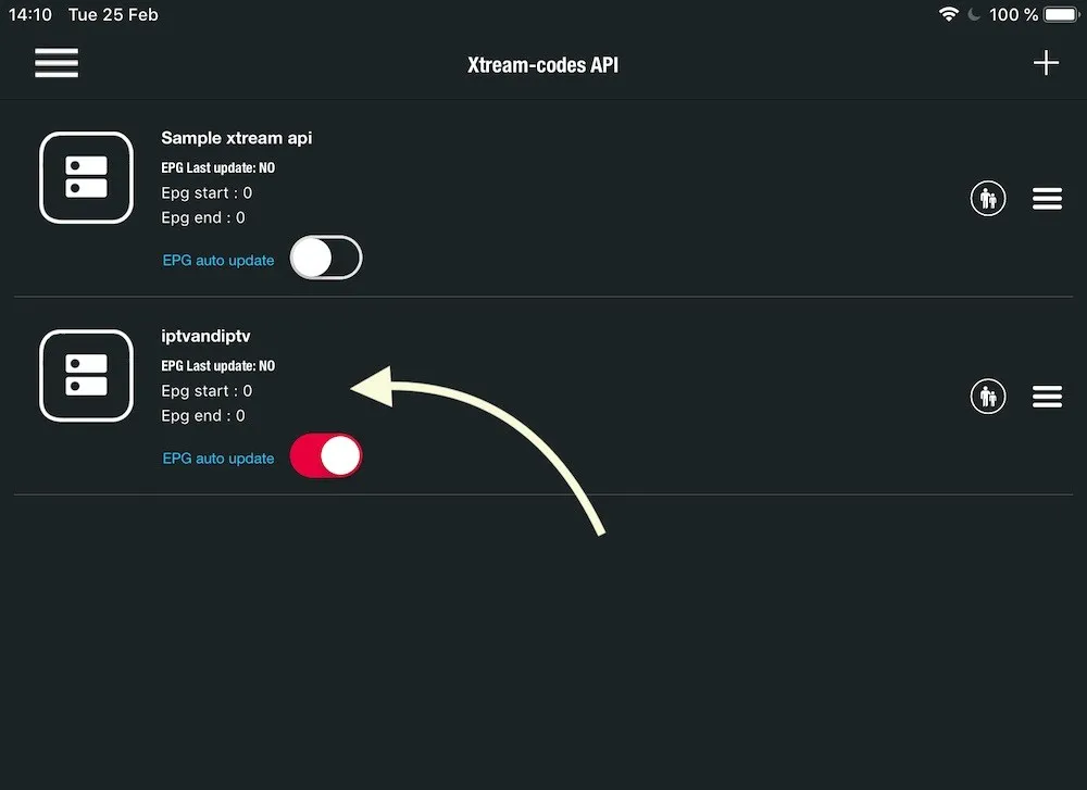 Lista Xtream-codes API do GSE Smart IPTV a mostrar a playlist recém-adicionada