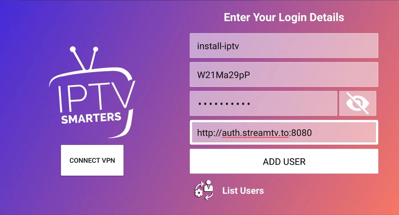 Pantalla Enter Your Login Details de IPTV Smarters Pro con los campos de nombre de la lista, usuario, contraseña y URL del servidor y el botón Add User