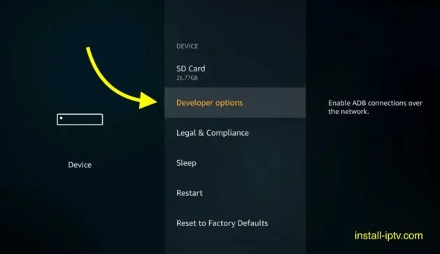 Menu My Fire TV com Developer options realçado