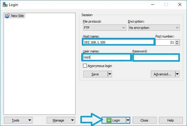 Cuadro de inicio de sesión FTP de WinSCP con la IP del receptor GigaBlue y el nombre de usuario root