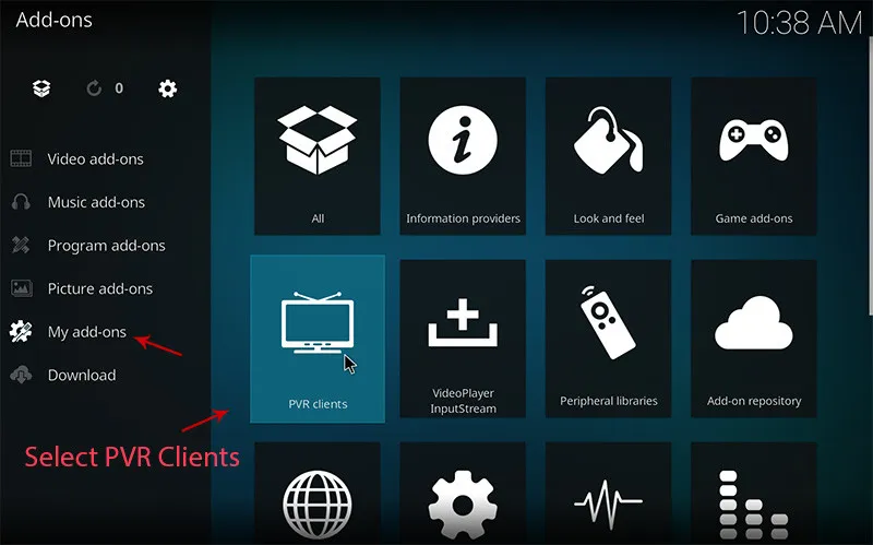 Ecrã My add-ons do Kodi a selecionar a categoria PVR clients