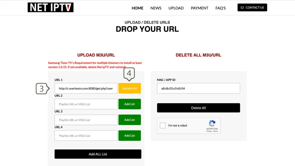 Portal de carga de Net IPTV pegando la URL de la lista M3U y haciendo clic en Update List