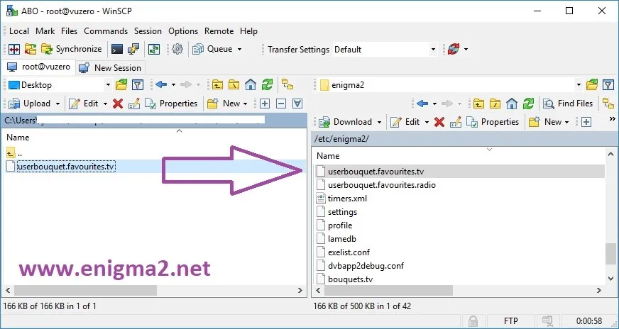 Subida del archivo de canales userbouquet.favourites.tv a la carpeta /etc/enigma2 en WinSCP