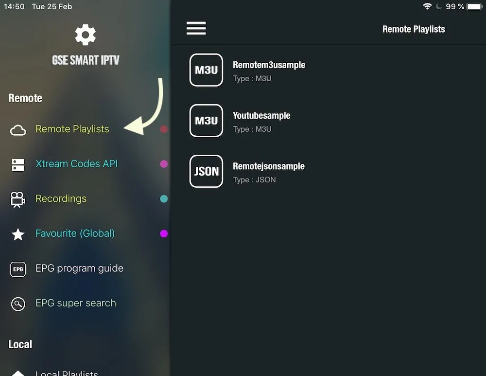Menu lateral do GSE Smart IPTV com a opção Remote Playlists destacada