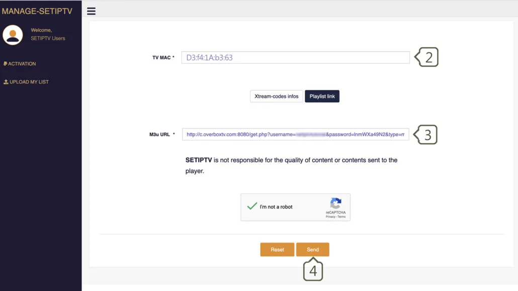 Portal de carregamento do SET IPTV com o campo TV MAC, M3U URL, reCAPTCHA e botão Send