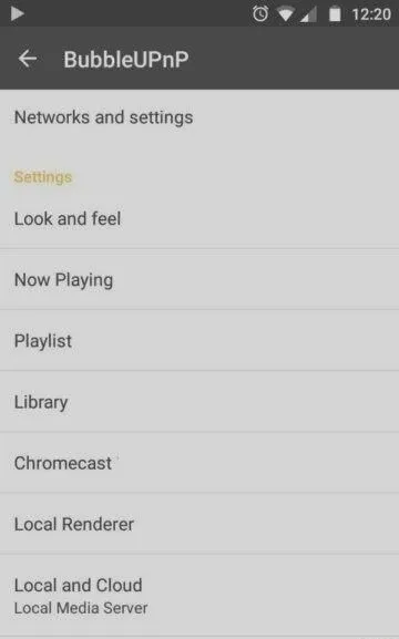 Menú de ajustes de BubbleUPnP con la sección Chromecast