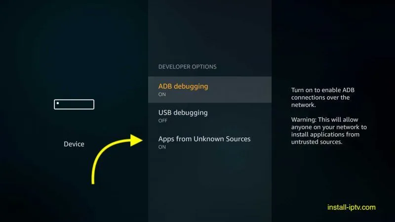 Ecrã de Developer options com Apps from Unknown Sources ativado