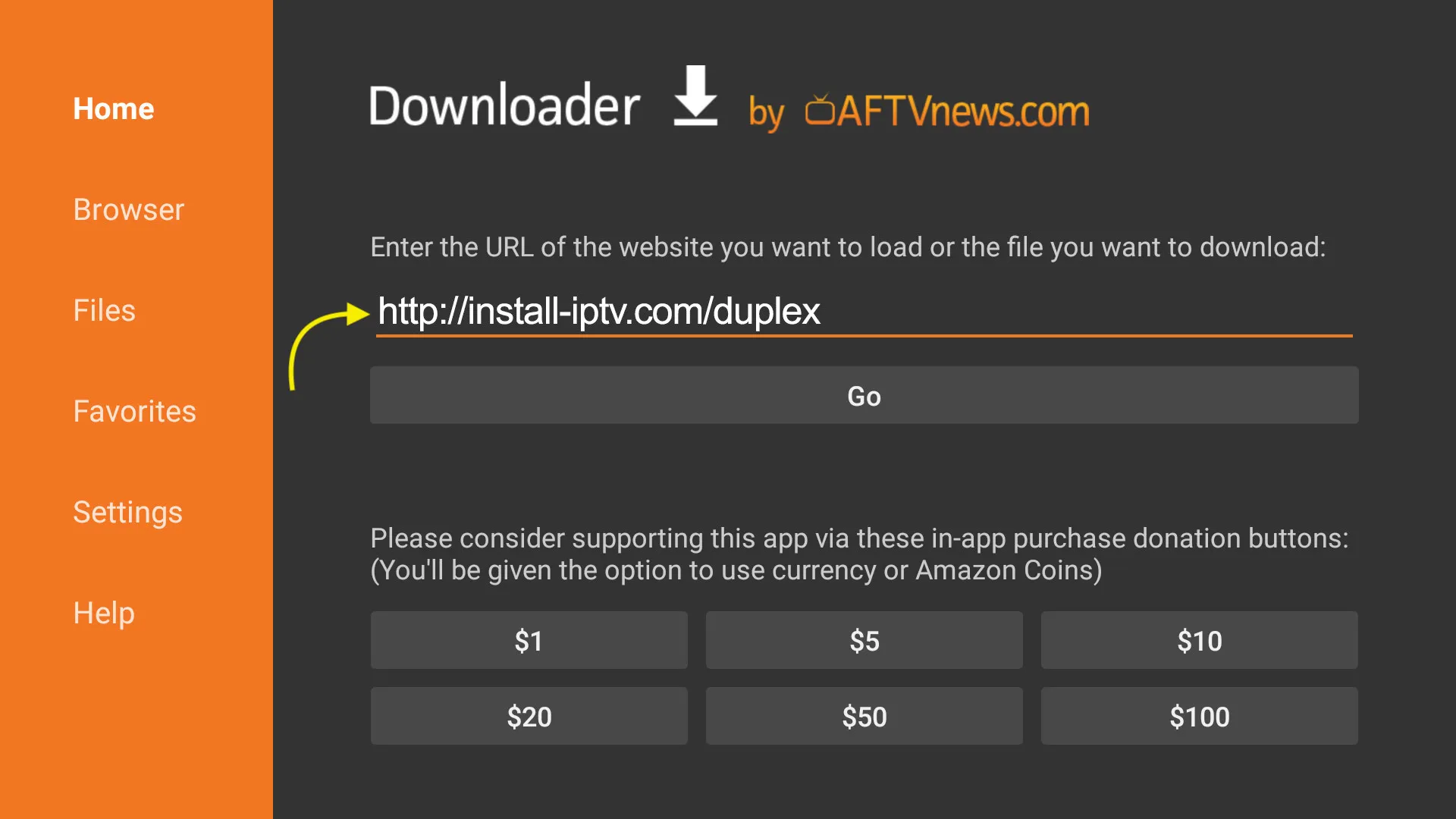 App Downloader no Fire TV com o URL install-iptv.com/duplex introduzido para instalar o Duplex IPTV manualmente