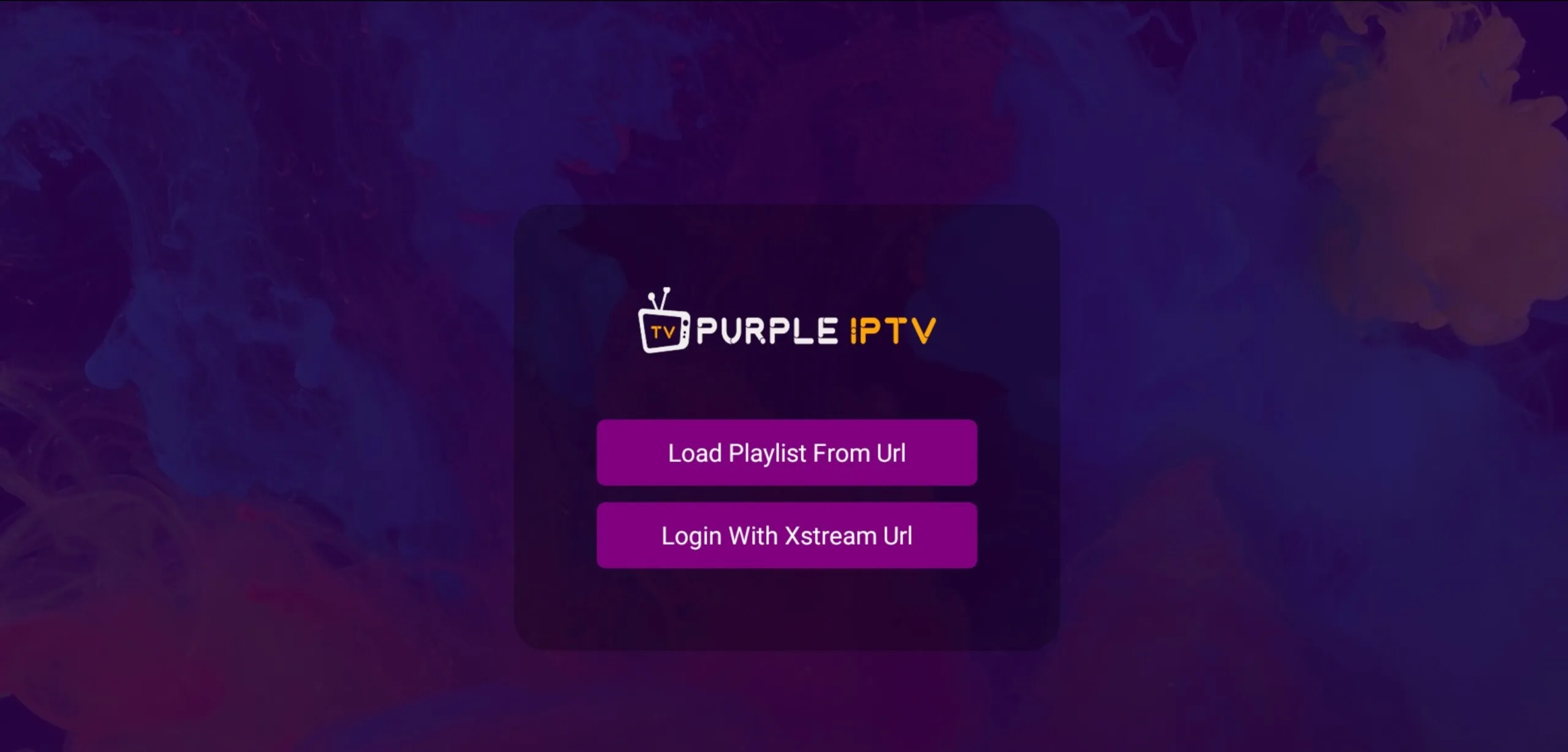 Ecrã de método de playlist do IPTV Smart Purple Player com as opções Load Playlist From Url e Login With Xstream Url