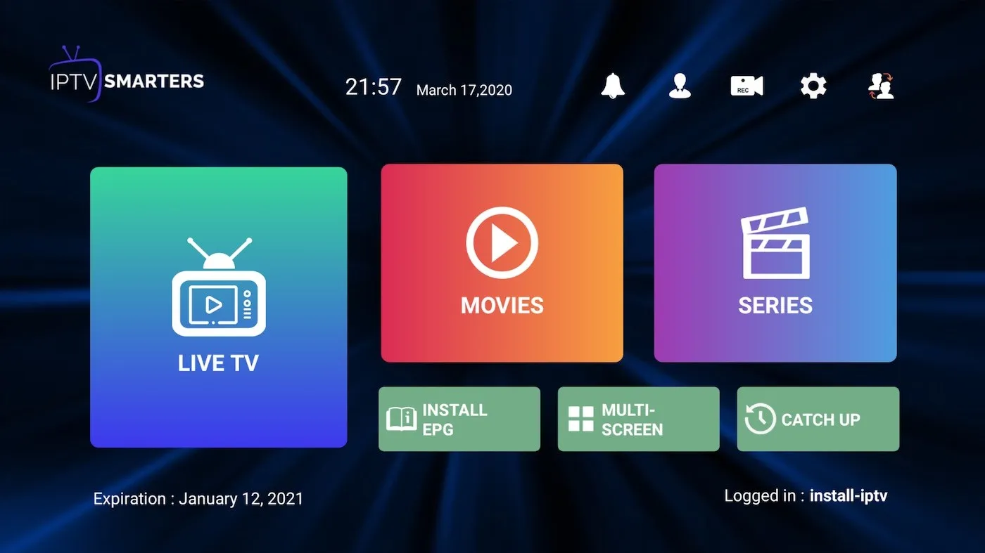 Pantalla de inicio de IPTV Smarters Pro con los iconos de Live TV, Movies y Series tras un inicio de sesión correcto