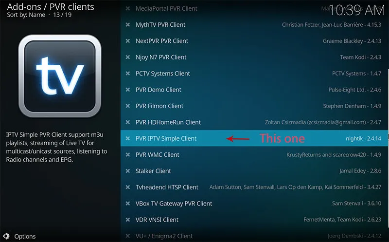 Lista de clientes PVR do Kodi a selecionar PVR IPTV Simple Client