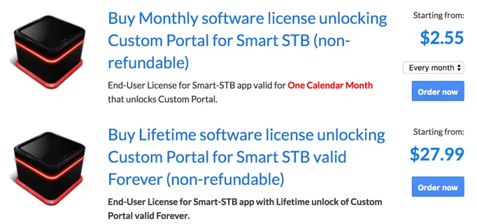 Варианты лицензий Smart STB для покупки месячной лицензии или пожизненной лицензии, которая разблокирует Custom Portal