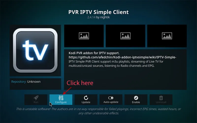 Página do PVR IPTV Simple Client do Kodi com o botão Configure destacado
