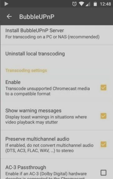 Ajustes de transcodificación de BubbleUPnP con Enable activado para medios no compatibles con Chromecast