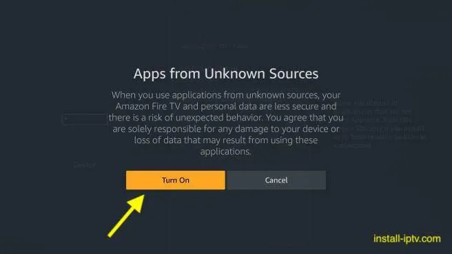 Caixa de diálogo de confirmação de Apps from Unknown Sources com Turn On selecionado