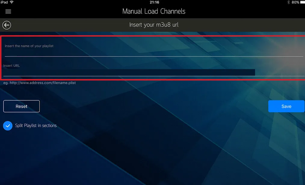 Formulário Manual Load Channels do IP Television com os campos de nome da playlist e URL M3U