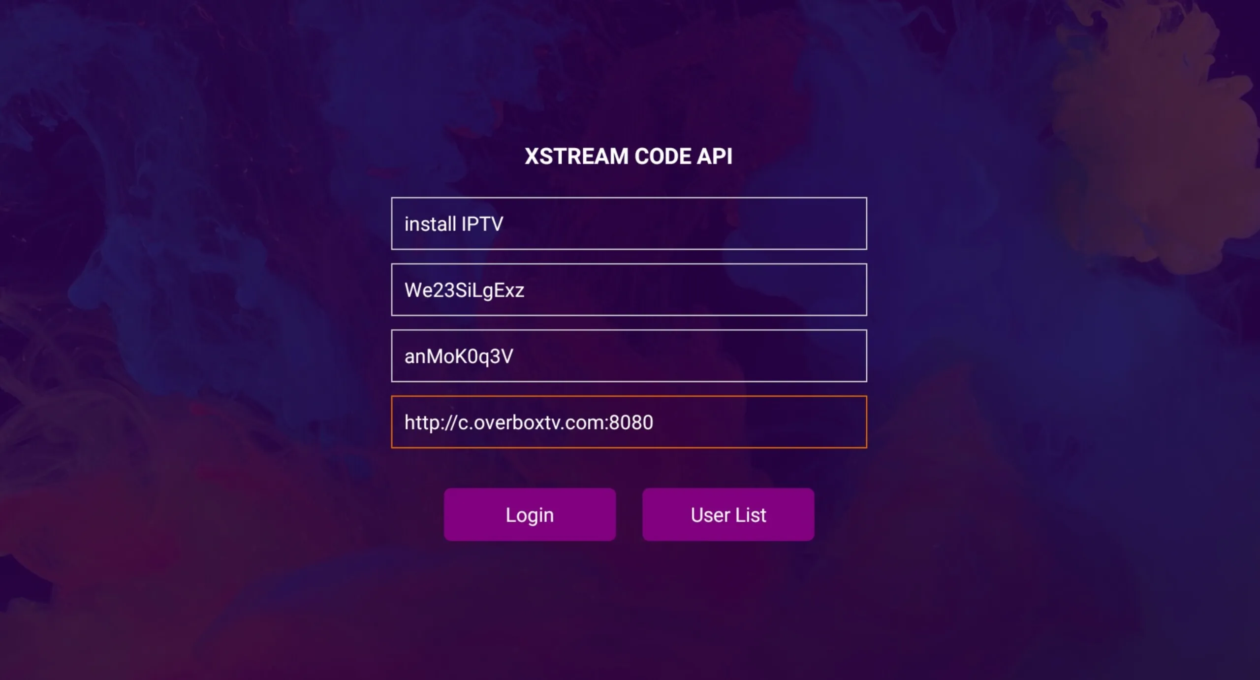 Formulário Xstream Code API do IPTV Smart Purple Player com os campos nome de playlist, nome de utilizador, palavra-passe e URL do servidor