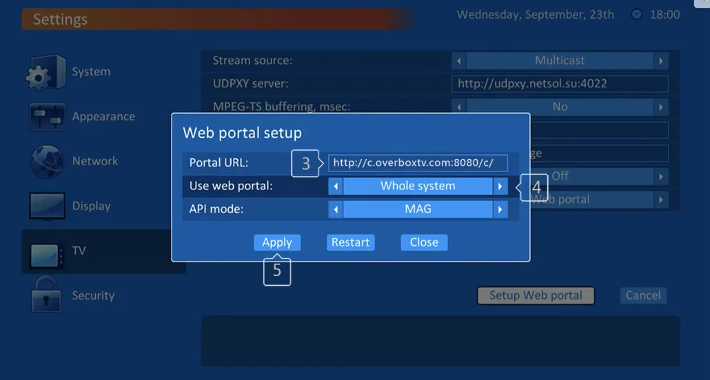 Janela de configuração do Web portal da TVIP com Portal URL, Use web portal definido para Whole system e API mode definido para MAG