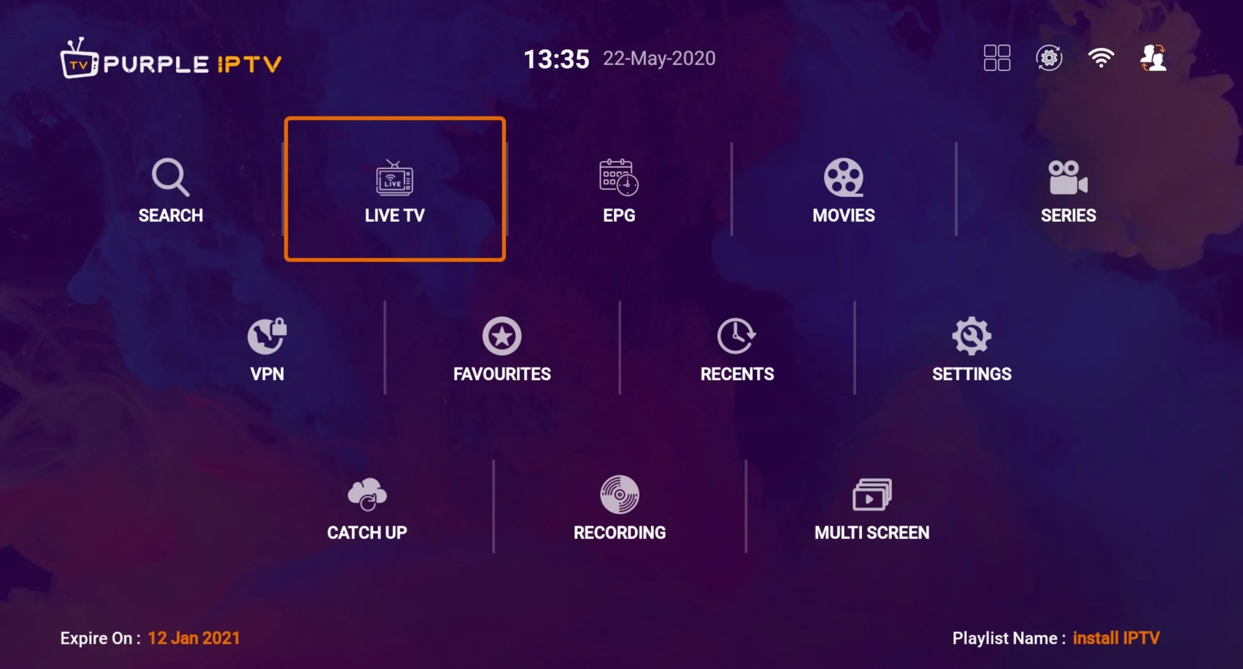 Menu inicial do IPTV Smart Purple Player com Live TV, EPG, Movies, Series, VPN, Favourites e Recents