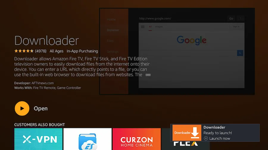 Página da app Downloader na loja da Amazon com o botão Open